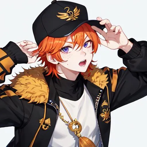 Prompt: Erikku male (short ginger hair, freckles, right eye blue left eye purple) muscular, UHD, 8K, Highly detailed, insane detail, best quality, high quality. hands in the air, wearing a sideways baseball cap, black jacket, black shorts, streetwear