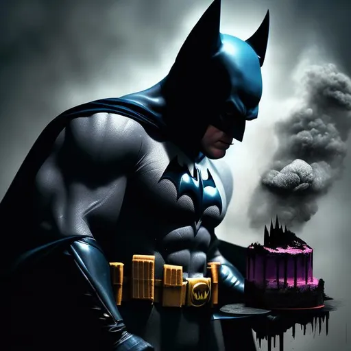 Prompt: batman, cake, sharpness, smoke, mystery, gothic, epic, hyperrealism, 3D detailed, incrustation, contrast forms and lines, contrast space and light.