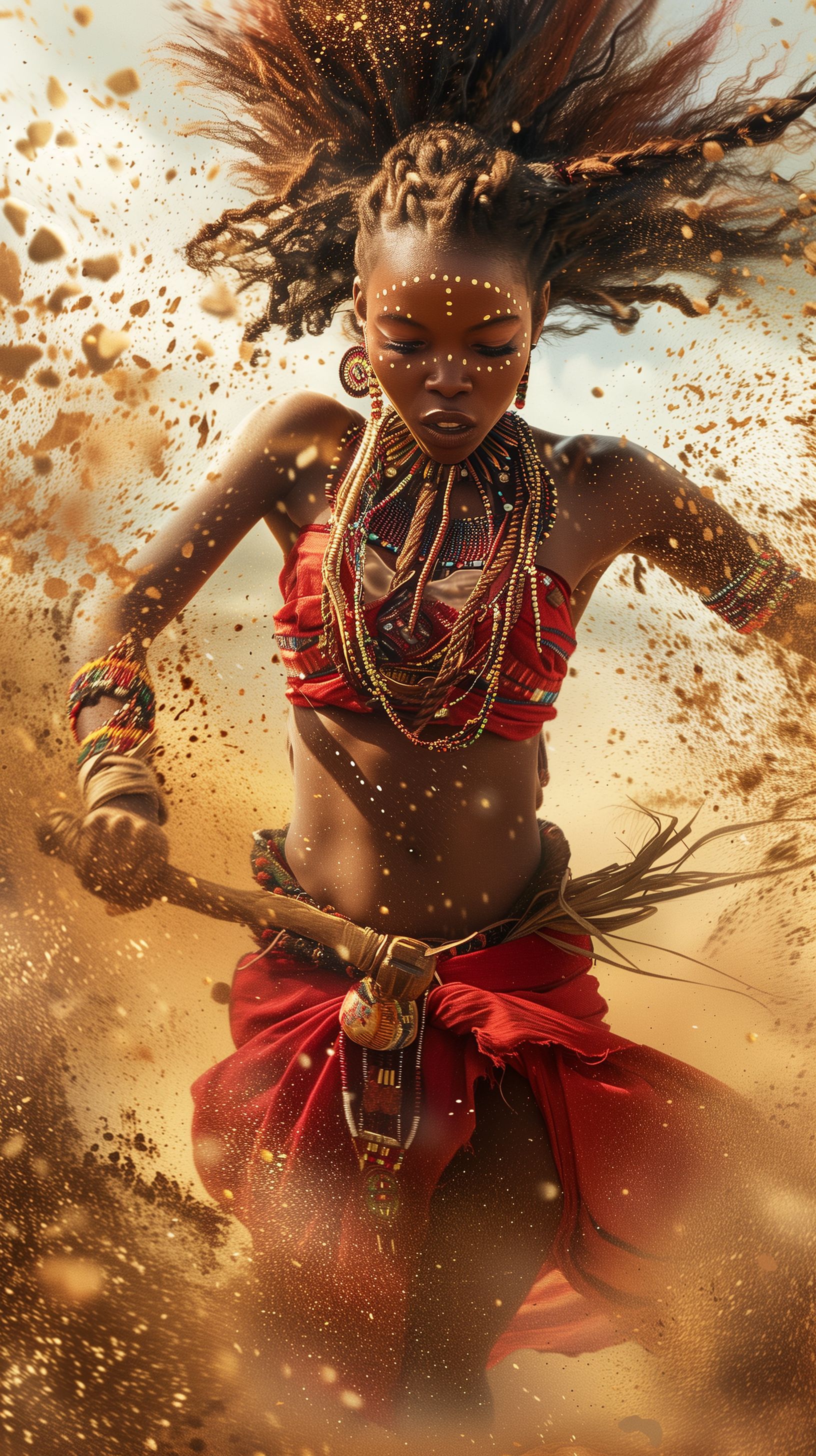 Prompt: attractive dark skin warrior women, tribe from africa, red cloth clothing with beads, peircing eyes, national geographic cover, joyful and dancing with reeds on there ankles, making a cloud of dust around them as they stamp hard on the ground --c 2 --v 6.0 --ar 9:16