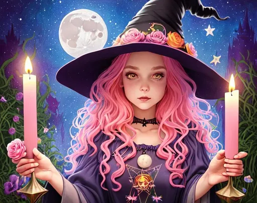Prompt: witch with wavy pink hair using tarot cards, wearing witch hat, cute, flowers, aesthetic, fairycore, disney, pixar, moon, stars, witchcraft, in a starry pastel sky, garden, sweet, dreamy, award winning illustration, artstation, highres, realistic, altar with candles, glittering, colorful, vibrant, detailed