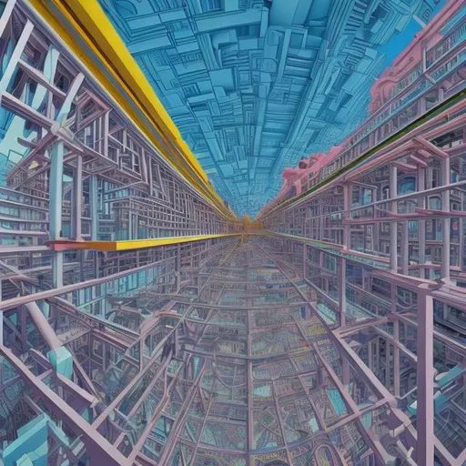Prompt: MC Escher, infrastructure,building psychedelic,  colored, 3 point perspective, floating

