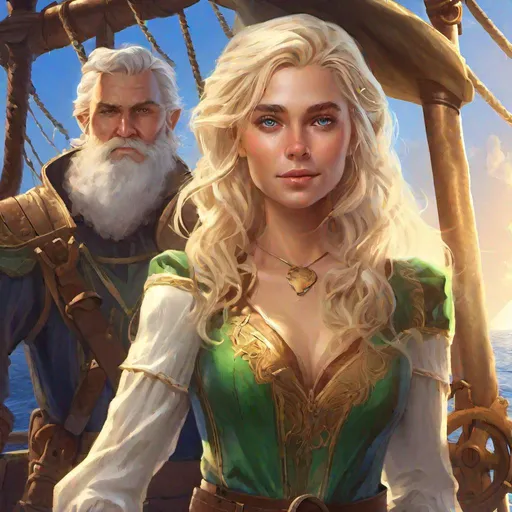 Prompt: elf woman, youthful features, golden blond hair, bright green eyes, medieval chemise dress, standing with middle-aged sea captain, white hair, tanned skin, blue eyes, on a ship, concept art, epic lighting, finely-tuned, octane rendering