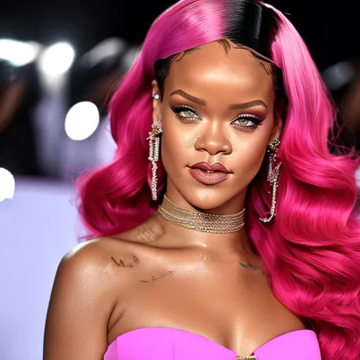 Prompt: Rihanna wearing a Barbie inspired pink Fenty Look 