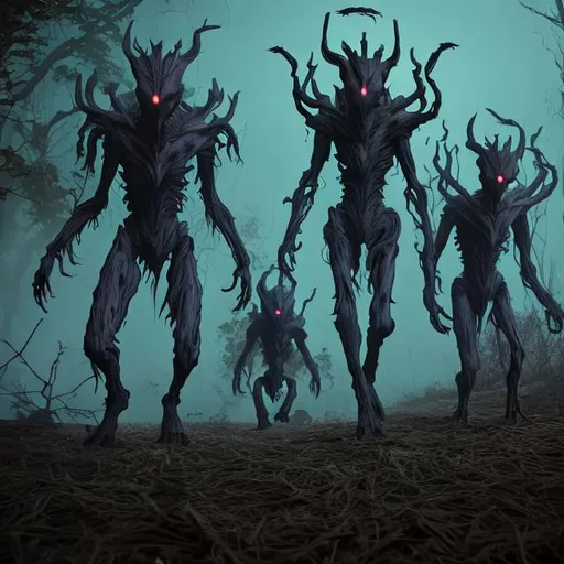 Prompt: The mysterious creatures are shadowy, ethereal beings with glowing red eyes. They move silently and swiftly, making them difficult to track.  Terrifying.  Shadowy.  Ethereal.  