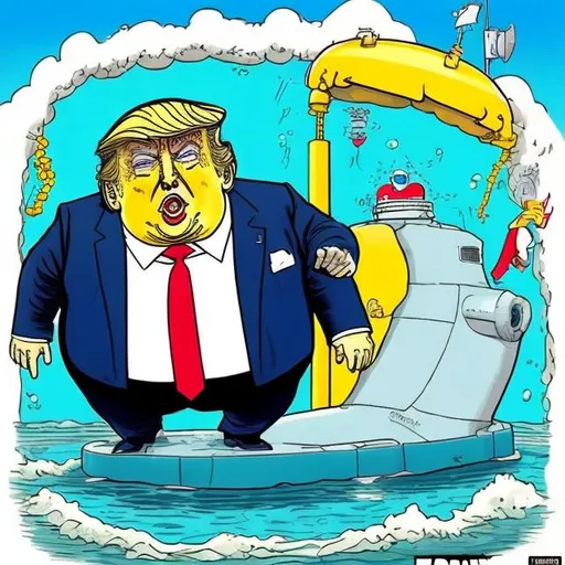 Prompt: Cute, obese Trump looking out of a submarine, dark-blue suit, too long red tie, Yellow submarine scene, bright colored, Sergio Aragonés MAD Magazine cartoon style