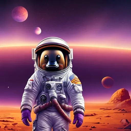 Prompt: A astronaut duck in the Mars, purple sky, reality style, 4k