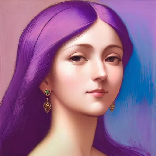 Prompt: A portrait of a woman in the style of Leonardo De Vinci wearing purple c!othes, pastel background