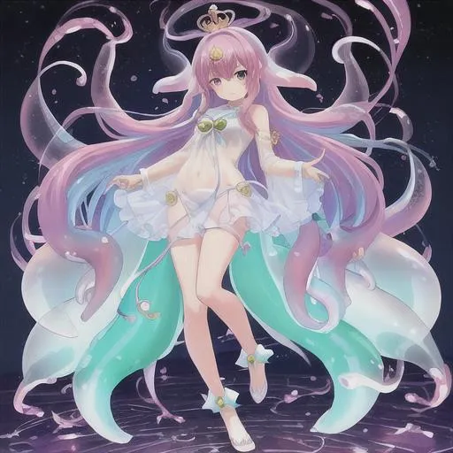 Prompt: full color, full body, beautiful Yokai  Long-haired girl, Translucent body, Squid-like features Jelly-like elements, Shy, Crown, Delicate Shinkai Makoto Anime-style, in a bright sunlight sakura, clear, 1080K, UHD, Blue-green palette --v 5 --s 750 --q 0.5
