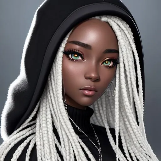 Prompt: realistic portrait shot, (beautiful face) anime, matte skin ,dark-skinned anime girl,(hyperdetailed black box braids), ((hyperdetailed realistic black fuzzy hoodie with oversized hood)), (((hyperdetailed glowing galaxy realistic eyes))), iPhone 14 pro max, octane renderer, hdr, 4k, 8k, UHD, digital art, computer art, galaxy background, ((((holding cigarette in hand))))