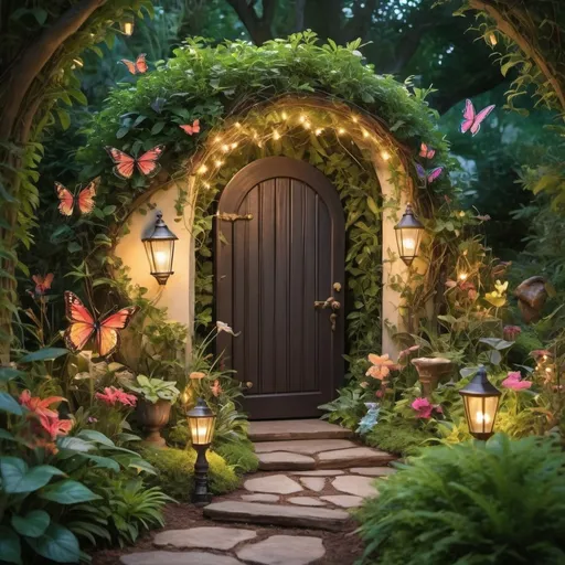 Prompt: Create a whimsical garden scene filled with lush vegetation, winding pathways, and hidden nooks waiting to be discovered. Add touches of magic with fairy lights, colorful butterflies, and perhaps a secret door leading to a magical realm.