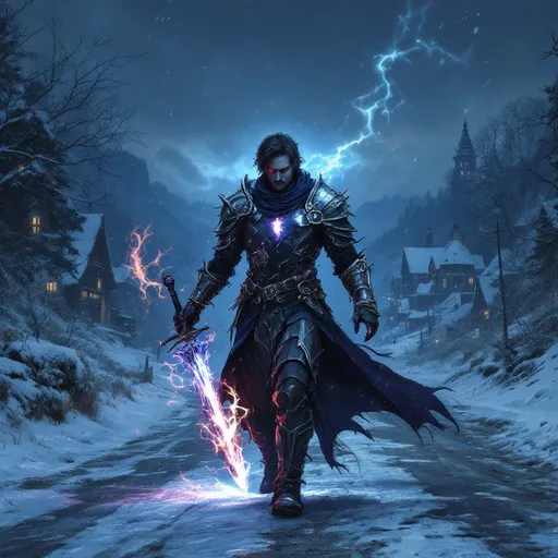 Prompt: Human male, gray color skin, 33 years old, dark hair, dressed in damaged Paladin armor, large stab hole in chest, holding a magical two handed sword in one hand while his other hand is holding  a Eldridge Blast dark energy.  Light red eyes. Half light and dark aura around him.  He is walking towards a small snowy town on the road in the night time. Fantasy.  Perpetual darkness in the sky.  
Detailed, realistic, natural lighting. Icewind Dale.  Paladin/Warlock character.  Dungeons and Dragons. Damaged armor.  Hole in chest piece by his heart. Sword glowing dark energy. Hand glowing dark.