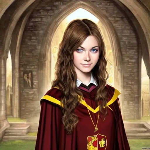 Prompt: brown-haired, green-eyed beautiful woman as a Gryffindor student at Hogwarts