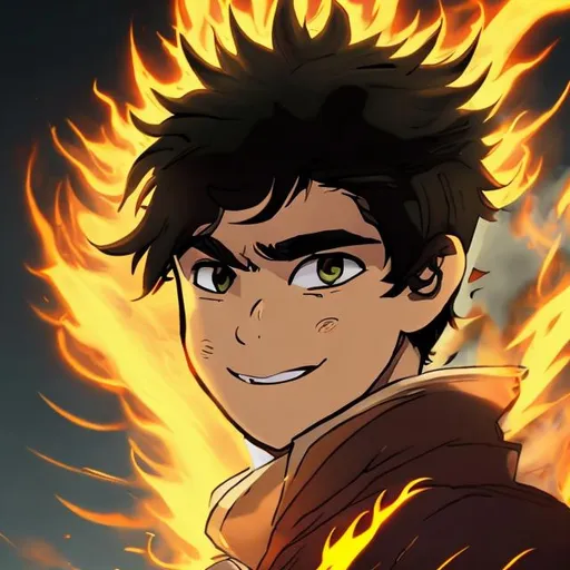 Prompt: A driven, intense young man with unruly black hair and golden eyes. He smiles just barely as he conjures a globe of fire above his hand.
