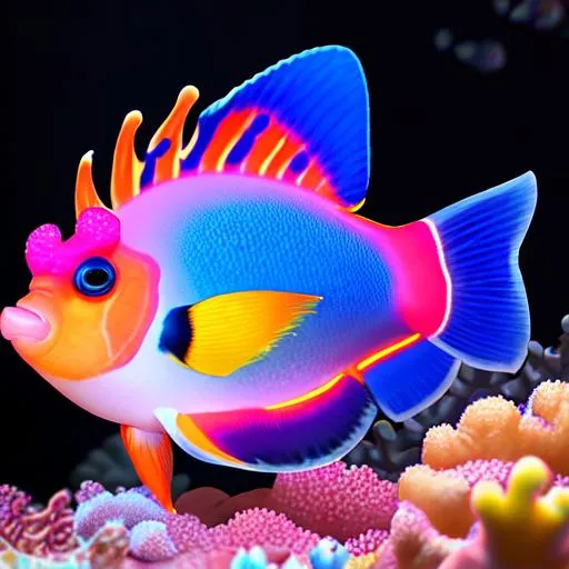 Prompt:  side view, 7 "Clown Triggerfish", glowing, realistic, spiked hair.