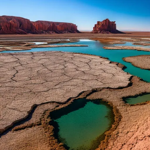 Prompt: giant harbor dry seabed in the desert, hyperrealistic imaging, highly detailed, rising sunlight, 8K