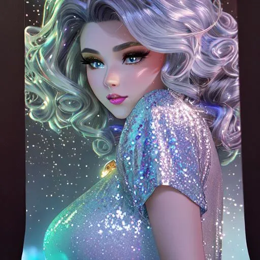 Prompt: Beautiful and sweet girl of warm glaze, wearing vaporous mini dress, discrete make up, glowing up, large curly black marine blue hair, light sparkles, drapping, big lips, pink cheeks, translucid, unreal engine 148k octane, 3d lightning, stellar clouds, quartz and opal, gem rain, soft white skin, long wavy hair, nice smile, luminous chest, fantasy, silence