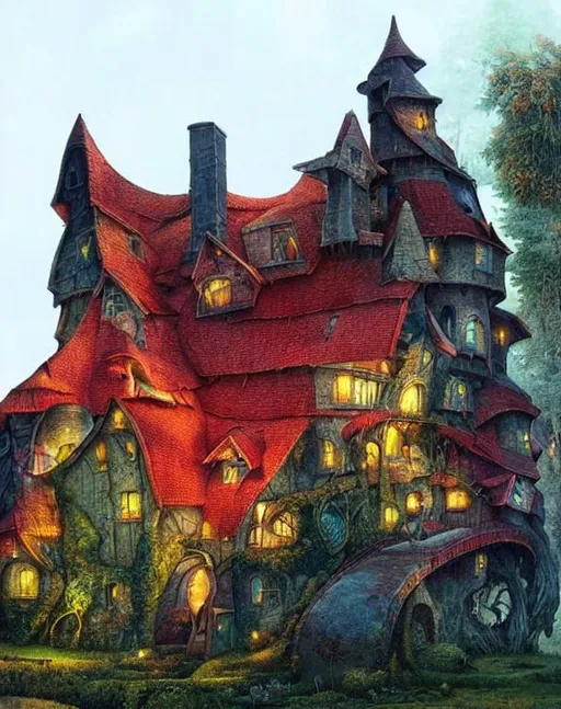 Prompt:  Mythical house by Jacek yerka, esao Andrews, James Jean, Jean Baptiste monge, Michelangelo. Best quality, cinematic smooth, 3d, 4k. Beautifully lit. Iridescent soft glow.