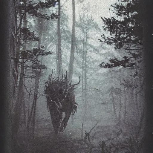 Prompt: eerie humanoid creature roaming a eerie wonderland , grainy polaroid, early technicolour image, photorealistic, Blurry, running at you, in the fog, hiding behind a big rock