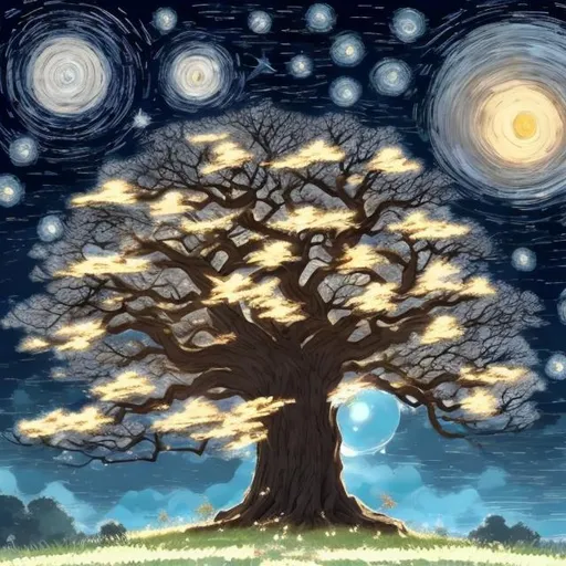 Prompt: Create a 4 generation family genealogy template with Anime Ghibli style,One big Oak Tree in 
 a hill,Starry nightsky with shooting stars. 