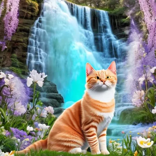 Prompt: Golden tuxedo tabby cat with white dipped paws and angel wings in field of flowers next to enchanted waterfall 