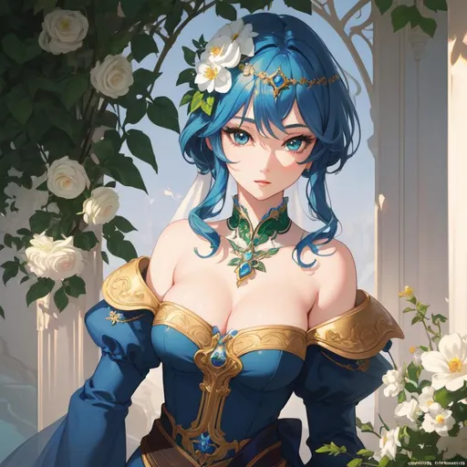 Prompt: Masterpiece, illustration, best quality:1.2), 1girl, solo, blue hair, dignfied, finely detailed, detailed face, toned face, beautiful detailed eyes, beautiful detailed shading, beautifully detailed background, emerald green eyes, flowers everywhere, flower inspired,