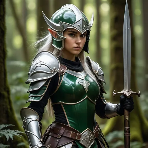 Prompt: Full body view, Full helmet wearing teenage girl high elf paladin with beautiful face, head covered entirely by full helmet, tight fitting green plate armor, full helmet with covered face and white horsehair plume, wielding a two handed long bladed spear, highres, detailed, dramatic pose, fantasy, dark fantasy, dramatic lighting, mossy forest, Fae details, intense gaze, professional rendering