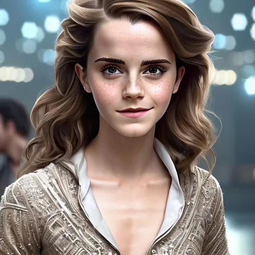 Prompt: Emma Watson, known for her roles in the Harry Potter series and other notable films. Her expressive brown eyes twinkle with intelligence, and her short, wavy hair frames her face in a carefree yet sophisticated manner. Dressed in a form-fitting jumpsuit with intricate circuit patterns, her appearance blends the futuristic technology of the Star Castle with a touch of elegance.  Smiling, calm, friendly, Approachable