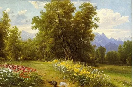 Prompt: Fenced in field by ivan shishkin. Flowers, mountains