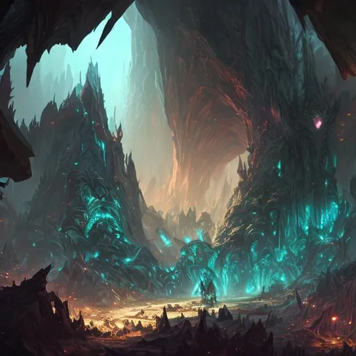 Prompt: extreme long shot concept art depicted eldrich mountain entrance fantasy, liminal space , huge mountains, subterranean city, caverns, light fantasy, arcane punk, dark ambiance, art inspired by league of legends and arcane, style by jason engle and jordan grimmer, trending on artstation, unreal engine, golden ratio, spectacular composition