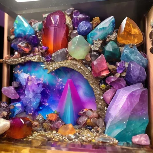 Prompt: Crystal and gemstone collection diorama in the style of Lisa frank