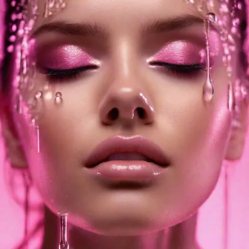 Prompt: womans face, water droplets, dripping, pink lighting, close up shot