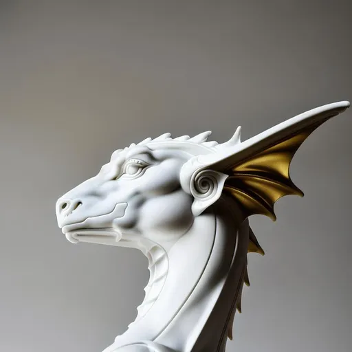 Prompt: Smooth, white and featureless dragon mannequin with large fully black eyes and no other defining features, made of marble with reflective golden features and a few cracks here and there, draconic features, reptilian features, mammal like anatomy, canine ears and features, narrow snout, human like hands, overall grim atmosphere, disturbing vibe, emotionless, ONLY TWO OR FOUR LEGS, REPTILIAN FEATURES, NO WINGS, CGI render, hyperrealistic, super detailed, 8k, high quality, trending art, trending on artstation, sharp focus, studio photo, intricate details, highly detailed