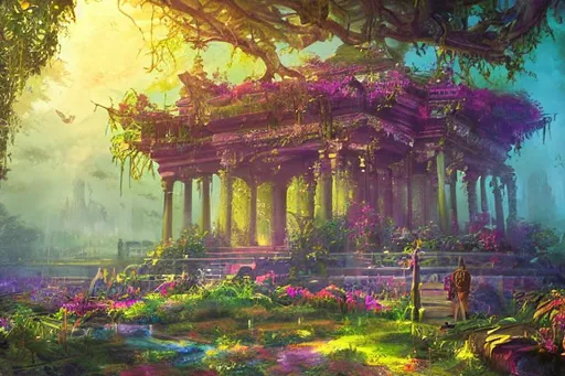 Prompt: vibrant, cinematic painting of a fantasy overgrown temple
