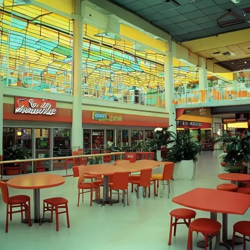 Prompt: The food court at a mall in the 1980s. It has neon lighting, lots of tables and chairs, fake plants. 