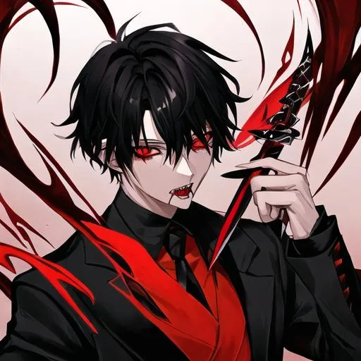 Anime boy with red and black hair with black hood wi