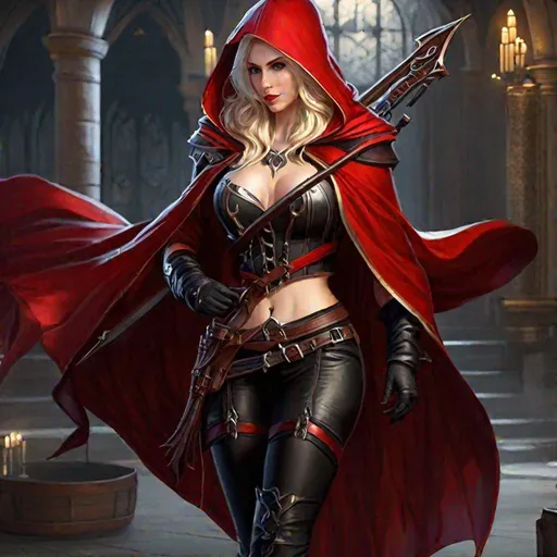 Prompt: Game art, fantasy, Beautiful busty seducer, goth, (crop top:1.5), leather full  clothed, blond hair, pale skin, red hooded cloak, crossbow in hands, full body, 4k