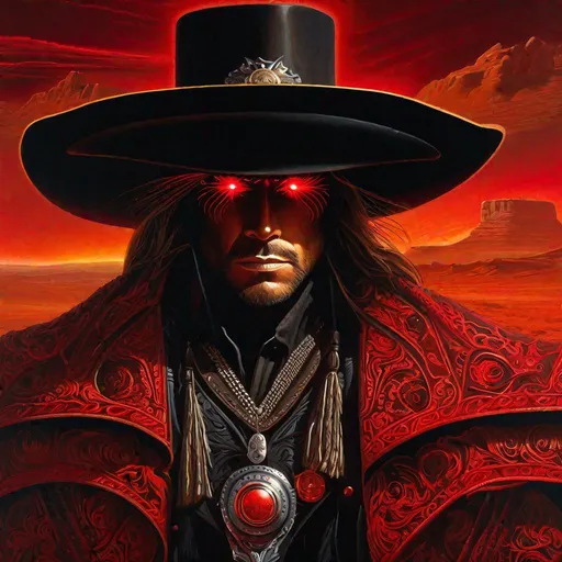 Prompt: "Cyber Cowboy with 4 Arms, fiery red Poncho, Dressed in black duster and Stetson Cowboy Hat, with Red eyes, Haunting Presence, Intricately Detailed, Hyperdetailed, Desert Wild West Landscape, Dusty Midnight Lighting, Wild West Feel,