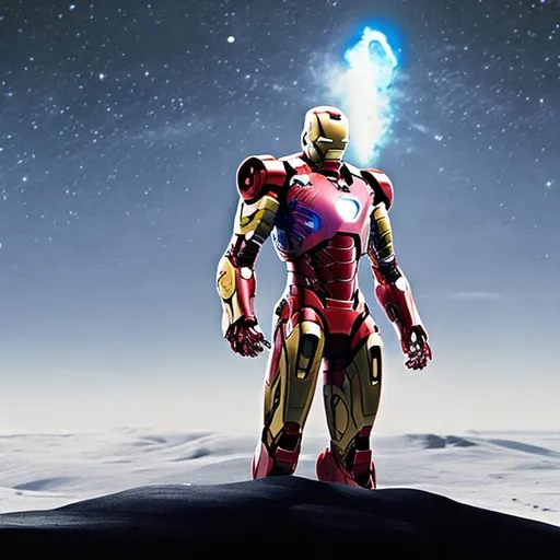 Prompt: A future iron man   standing on the moon. He has wearing future iron armour. In which have many weapon . Looks like super robot armour. 
