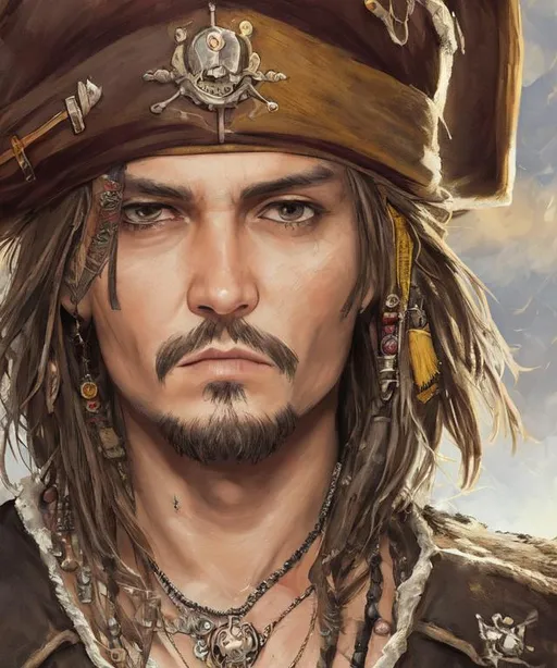 Prompt: johnny depp, pirate, pirate ship, realistic face, realistic eyes, highly detailed, digital painting, digital art, HD quality, 4k, by Kevin Macio