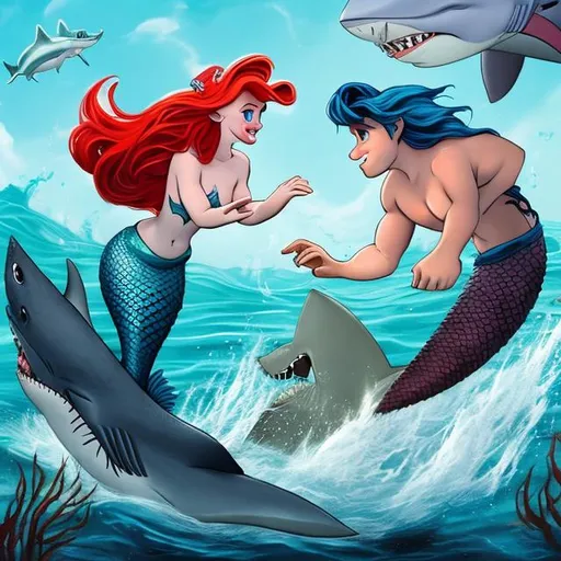 Prompt: The little mermaid fighting a shark