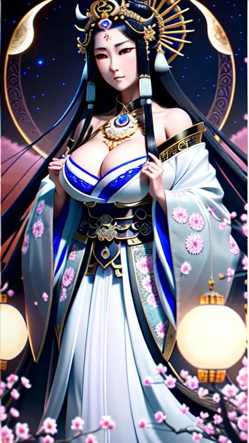 Prompt: {{{{the highest quality concept art masterpiece full body view}}}}, 


{{broad shoulders}}
{{huge breast}}
{{cleavage}}

portrait, Insanely detailed photograph of an elaborate and enigmatic hyperdetailed  the japanese moon goddess Tsukuyomi-no-Mikoto ", realistic, cinematic, intricate and hyperdetailed, fantasy art, album cover art, 3D soft lighting, features

manga, ugly, poorly drawn hands, poorly drawn feet, poorly drawn face, out of frame, extra limbs, disfigured, deformed, body out of frame, blurry, bad anatomy, blurred

Tall, darkly ethereal, inhumanly beautiful humanoid godly creature with  flowing black hair flecked with stars blowing in the wind shrouded in a heavy dark cloak made with an ornate silver breastplate with a purple jewel and trailing flowing wisps of shadow and light with glittering gray green eyes set deep into its pale face, and hands with ornate silver bracelets on each wrist with a crescent moon in the background 