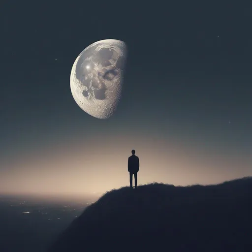 Prompt: a lonely man on his back, staring at the lonely but beautiful moon.