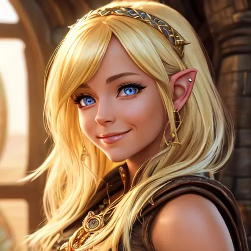 Prompt: oil painting, D&D fantasy, hobbit girl, tanned-skinned-female, beautiful, short bright dirty blonde hair, straight hair, smiling, pointed ears, looking at the viewer, adventurer wearing intricate leather amor, #3238, UHD, hd , 8k eyes, detailed face, big anime dreamy eyes, 8k eyes, intricate details, insanely detailed, masterpiece, cinematic lighting, 8k, complementary colors, golden ratio, octane render, volumetric lighting, unreal 5, artwork, concept art, cover, top model, light on hair colorful glamourous hyperdetailed medieval city background, intricate hyperdetailed breathtaking colorful glamorous scenic view landscape, ultra-fine details, hyper-focused, deep colors, dramatic lighting, ambient lighting god rays, flowers, garden | by sakimi chan, artgerm, wlop, pixiv, tumblr, instagram, deviantart