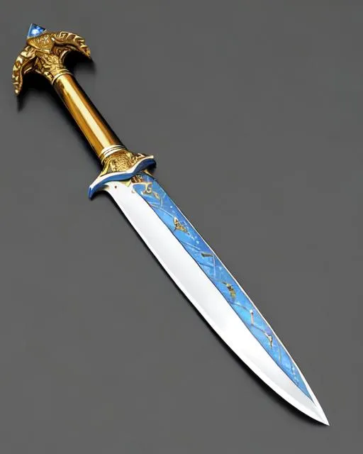 Prompt: gold-plated dagger with silver inlay and what looks to be a steel edge over laid with a thin layer of iron, it also has a small, oval light blue sapphire on each side of the hilt.  The blade itself has two serrated points making the blade angle up slightly as it goes to the point