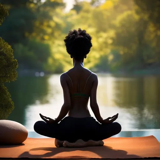 Prompt: Black woman meditating with a peaceful background