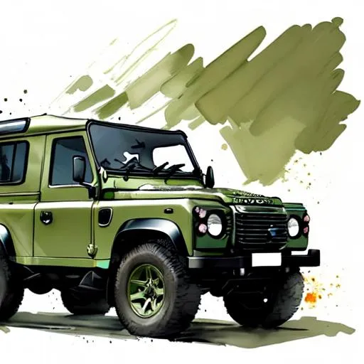 Prompt: land rover defender in olive green, white background, water colour painting
