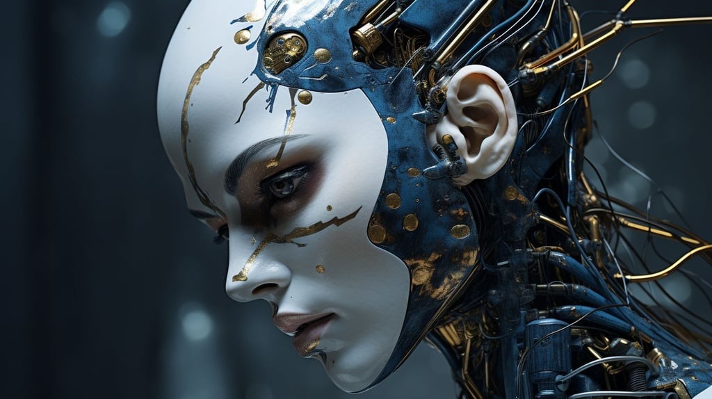 Prompt: futuristic human body that looks like a robot, in the style of dark silver and dark blue, detailed facial features, daz3d, made of insects, circuitry, kintsugi, photo taken with nikon d750