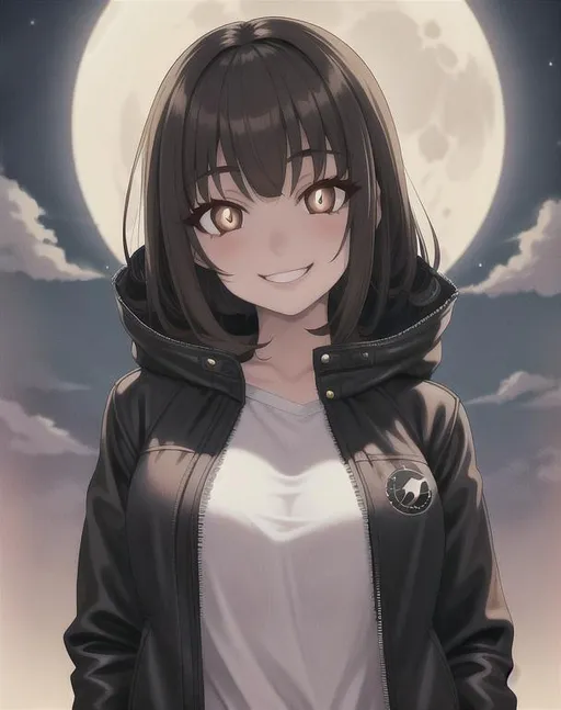 Prompt: horror, brunette girl. hazel eyes, smiling, moon behind. Digital art, wearing only a jacket