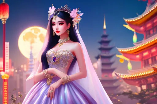 Prompt: head-on, surreal cartoon, high fashionista pose, glossy, walking toward viewer, stunning Chinese lolita, she is dressed like a summer queen, dramatic jewelry, statement necklace, background is architecture lit by the moon,  trending on artstation