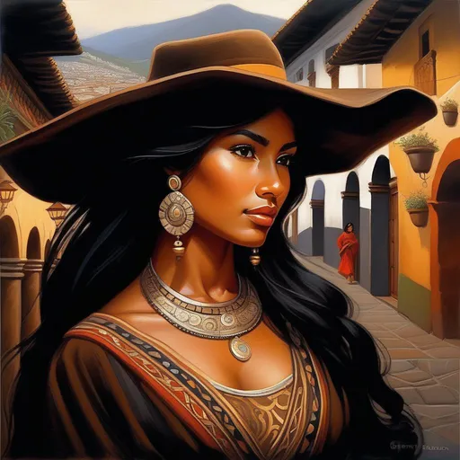 Prompt: Equatorian woman, tan skin, black hair, dark brown eyes, in Quito, cartoony, cold atmosphere, extremely detailed painting by Greg Rutkowski and by Henry Justice Ford and by Steve Henderson